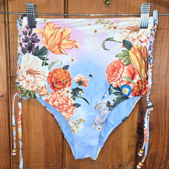Agua Bendita High Waisted Bikini Bottom Side Tie Blue Multicolor Small NWT - Picture 4 of 6